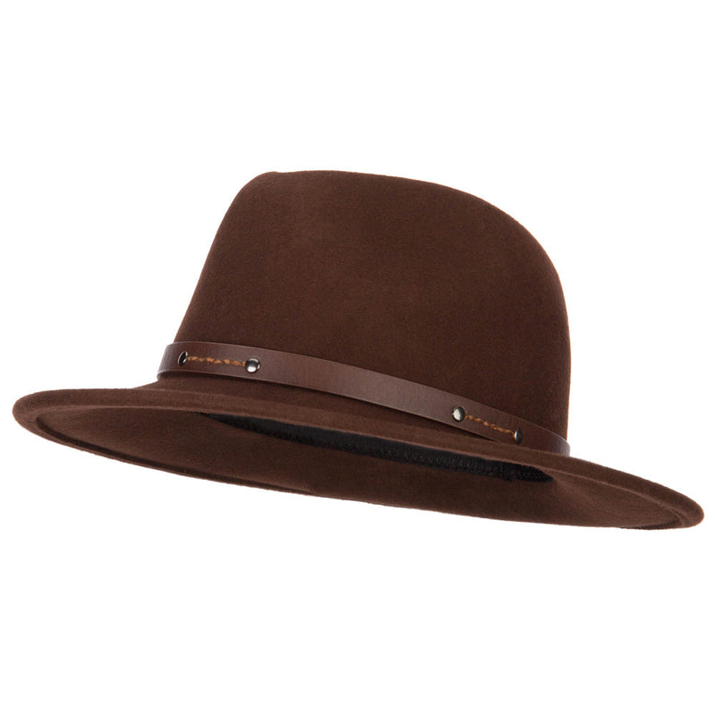 Women's Wool Leatherette Buckle Band Accented Large Brim Fedora Hat