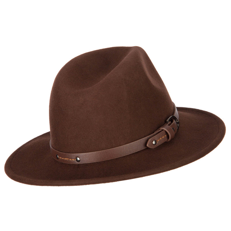 Women's Wool Leatherette Buckle Band Accented Large Brim Fedora Hat