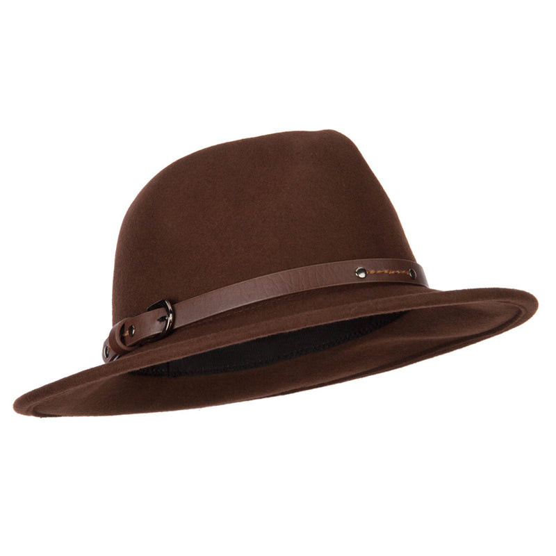 Women's Wool Leatherette Buckle Band Accented Large Brim Fedora Hat