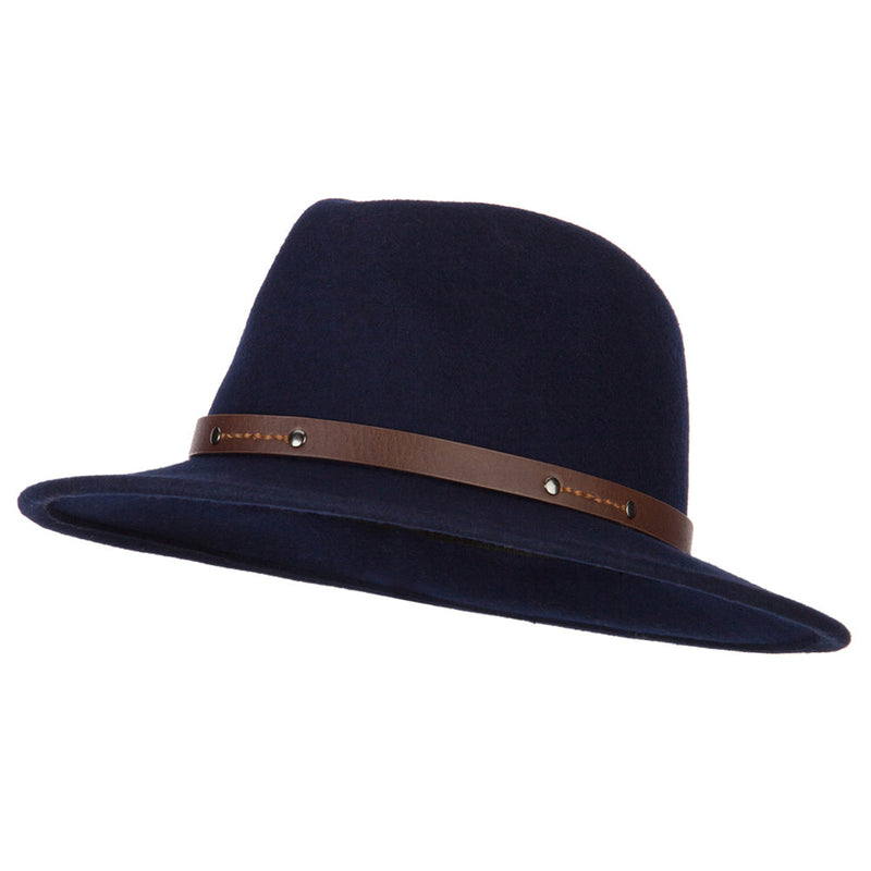 Women's Wool Leatherette Buckle Band Accented Large Brim Fedora Hat