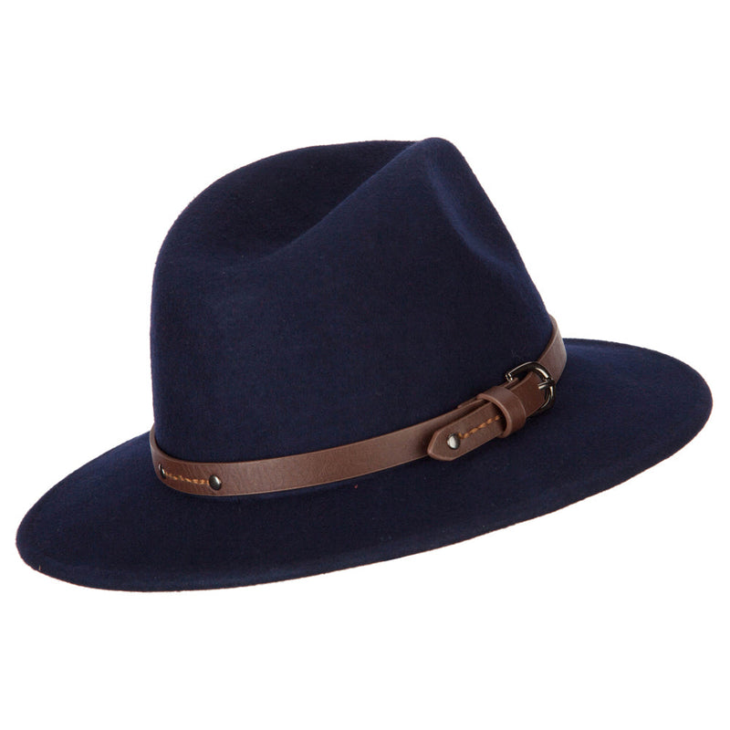 Women's Wool Leatherette Buckle Band Accented Large Brim Fedora Hat