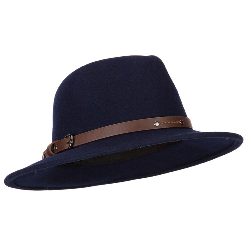 Women's Wool Leatherette Buckle Band Accented Large Brim Fedora Hat