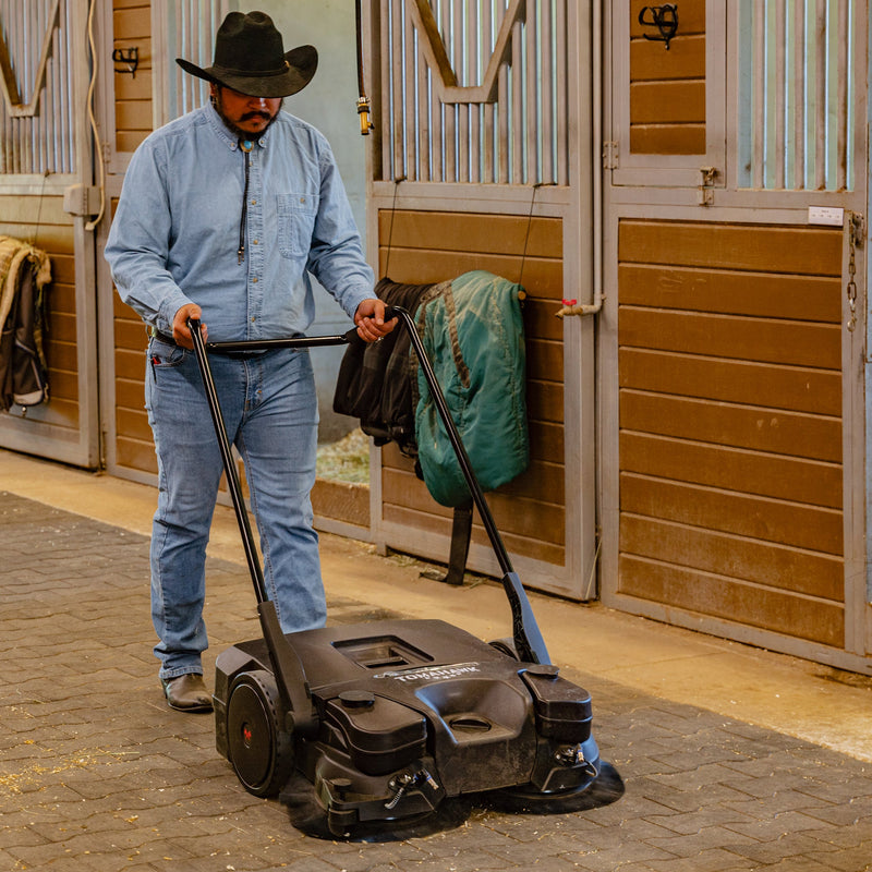 30" Battery Powered Push Sweeper with Triple Power Brooms Electric Drive and Dust Suppression Sprayer
