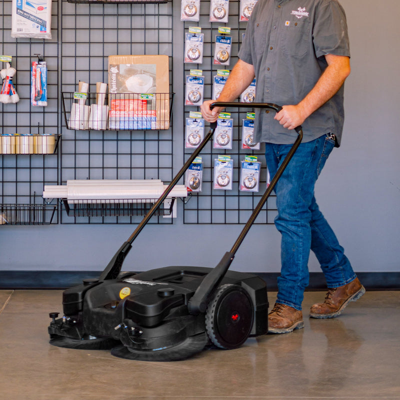 30" Battery Powered Push Sweeper with Triple Power Brooms Electric Drive and Dust Suppression Sprayer