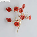 GobekUsa Ceramic and Crystal Branch Wall Lamp with 3 Bulbs and Rose/Leaf Design in Black/White for Bedroom Sconce Lighting