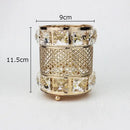 Elegant gold lattice hollow glass jar bedroom makeup brush holder by Decorbites