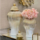 GobekUsa Gold Striped Ceramic Jar Vase Hand-made Porcelain Home Decor Storage