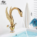 GobekUsa Gold Swan Basin Faucet: Deck Mounted Bathroom Mixer Tap with Hot and Cold Water