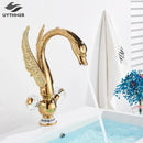 GobekUsa Gold Swan Basin Faucet: Deck Mounted Bathroom Mixer Tap with Hot and Cold Water