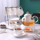 GobekUsa Gold White Ceramic Tea Set with Glass Teapot - Elegant Teaware Collection