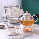GobekUsa Gold White Ceramic Tea Set with Glass Teapot - Elegant Teaware Collection