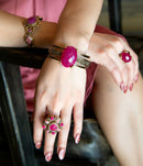 Embellished Pink Quartz Golden Cuff Bracelet