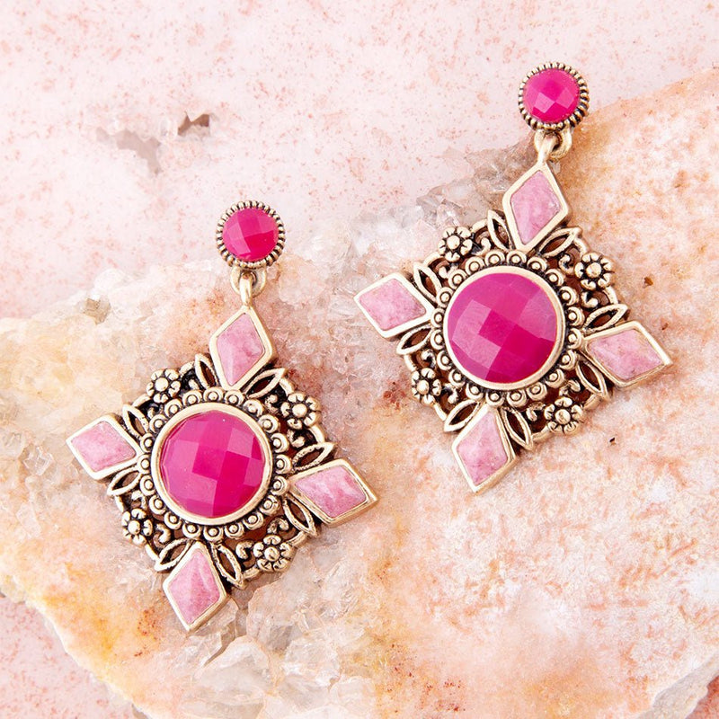 Embellished Pink Quartz Golden Post Drop Earrings