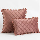 Emerald and burgundy corduroy striped pompom pillowcase living room by Decorbites