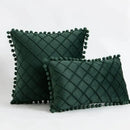 Emerald and burgundy corduroy striped pompom pillowcase living room by Decorbites