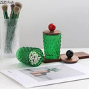 Emerald green diamond glass storage jar with walnut lid kitchen decor by Decorbites
