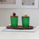 Emerald green diamond glass storage jar with walnut lid kitchen decor by Decorbites