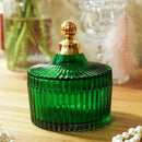 GobekUsa Green Striped Glass Jar with Lid, Small Objects Jewelry Storage Jar