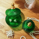GobekUsa Green Striped Glass Jar with Lid, Small Objects Jewelry Storage Jar