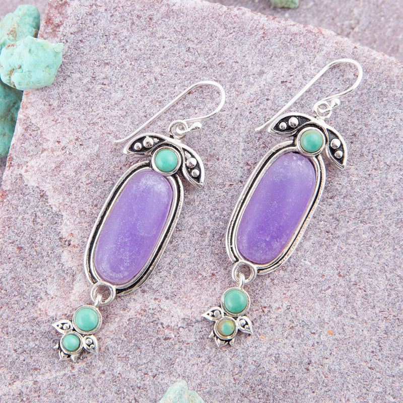 Emile Purple Quartz and Blue Turquoise Sterling Silver Drop Earrings