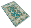 Entryway 2x3 Blue and Ivory Hand Knotted Oriental Oushak Wool Area Rug by The Rug Decor