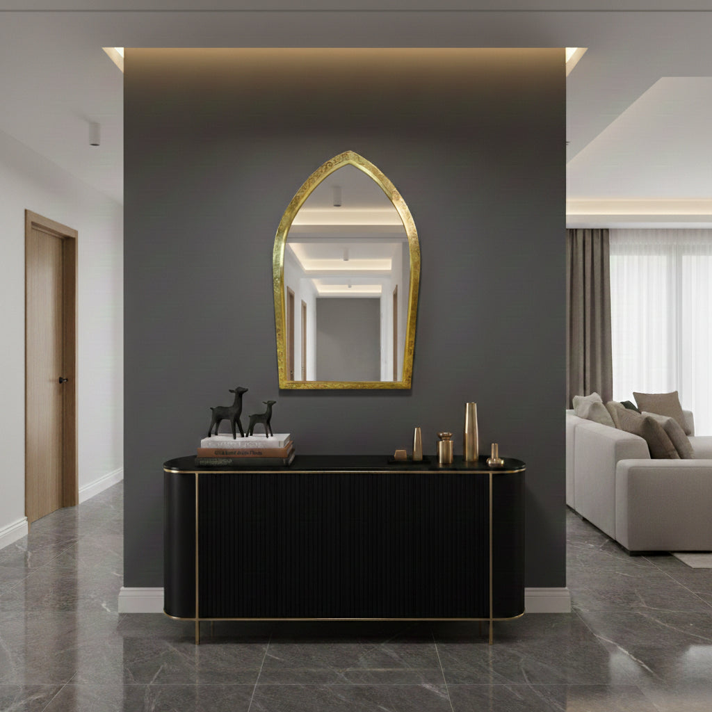 Golden Handmade Wall Mirror - Arch Brass Engraved Mirror, photo 2 of 12