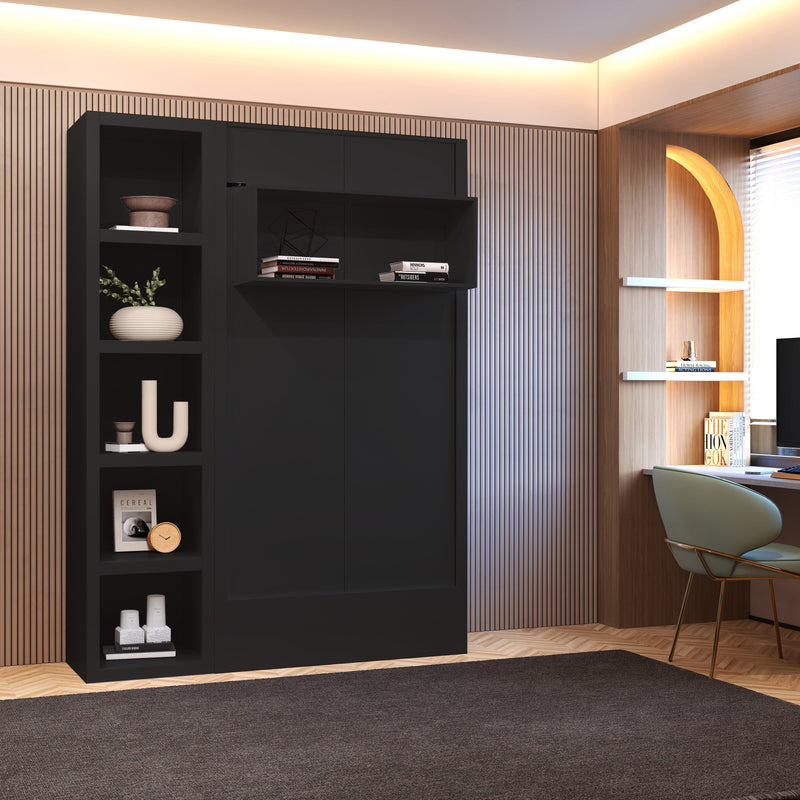 Easy-Lift Twin Murphy Wall Bed in Black with Bookshelf