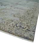 Erased Abstract 8x10 Silver, Blue and Brown Antique Style, Traditional Low Pile Hand Knotted Wool Rug