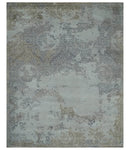 Erased Abstract 8x10 Silver, Blue and Brown Antique Style, Traditional Low Pile Hand Knotted Wool Rug