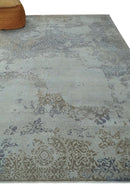 Erased Abstract 8x10 Silver, Blue and Brown Antique Style, Traditional Low Pile Hand Knotted Wool Rug