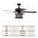 52 Inch 3-Speed Crystal Ceiling Fan Light with Remote Control-Black by LJGDeals