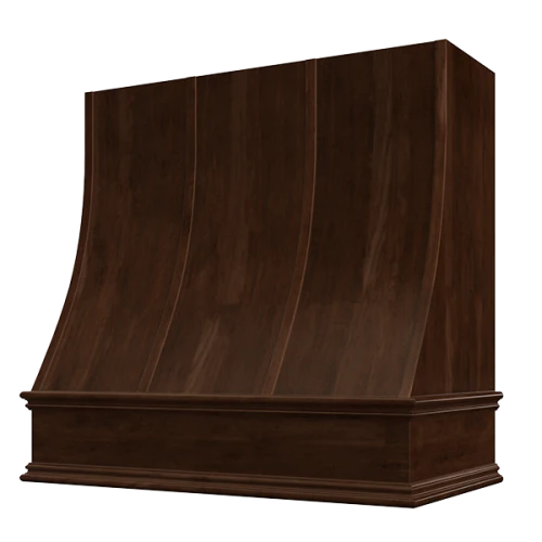 Espresso Wood Range Hood With Sloped Strapped Front and Decorative Trim - 30", 36", 42", 48", 54" and 60" Widths Available