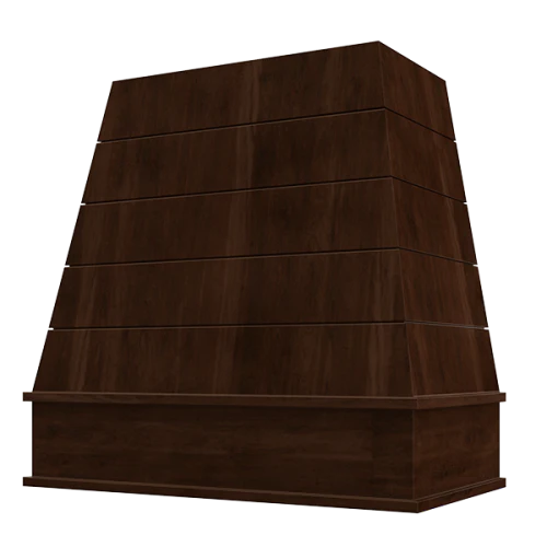 Espresso Wood Range Hood With Tapered Shiplap Front and Block Trim - 30", 36", 42", 48", 54" and 60" Widths Available