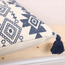 Ethnic geometric printed navy & white cushion cover living room tassels by Decorbites