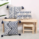 Ethnic geometric printed navy & white cushion cover living room tassels by Decorbites