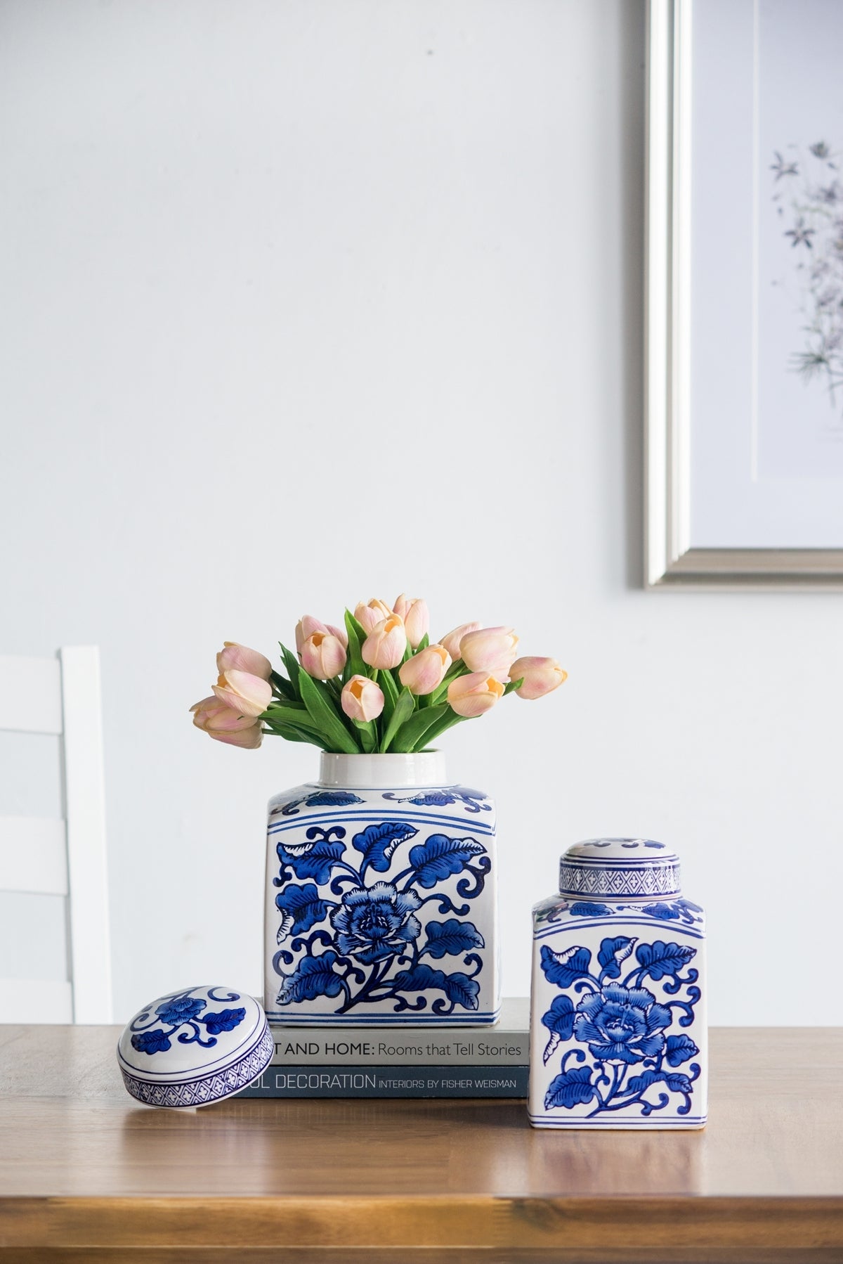 5x5x8' Hand Painted Square Canister with Blue and White Floral Pattern, photo 11 of 11