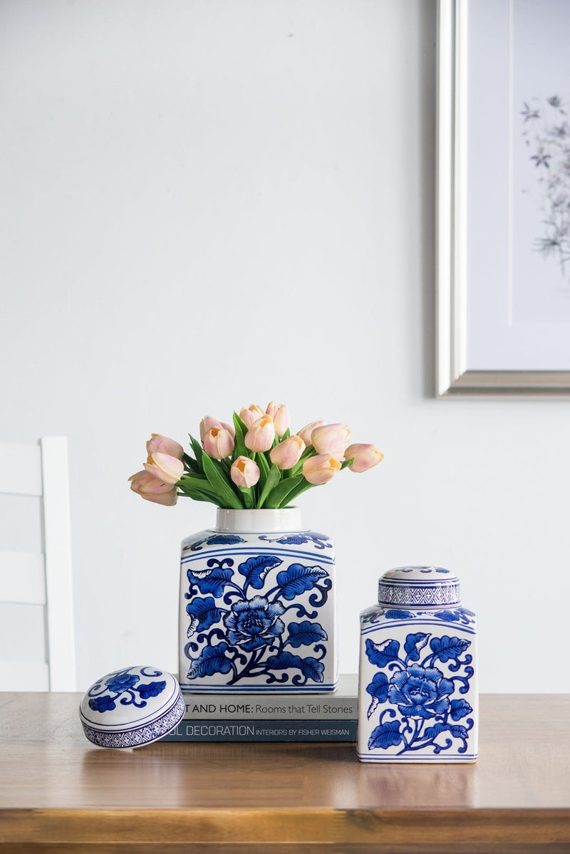 5x5x8' Hand Painted Square Canister with Blue and White Floral Pattern, photo 11 of 11