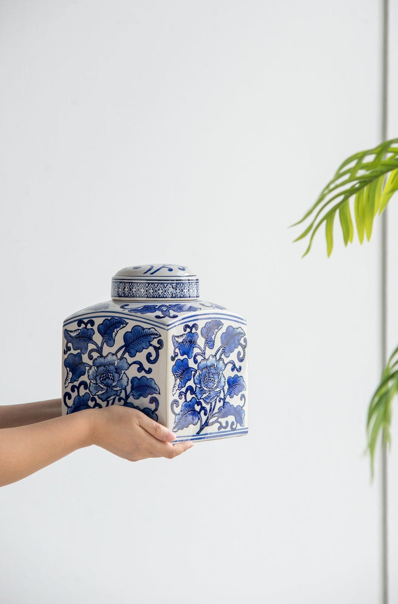 5x5x8' Hand Painted Square Canister with Blue and White Floral Pattern, photo 2 of 11