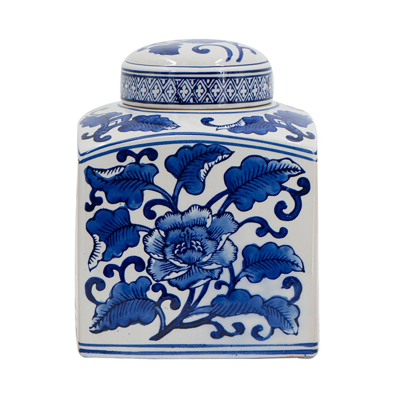 5x5x8' Hand Painted Square Canister with Blue and White Floral Pattern, photo 3 of 11