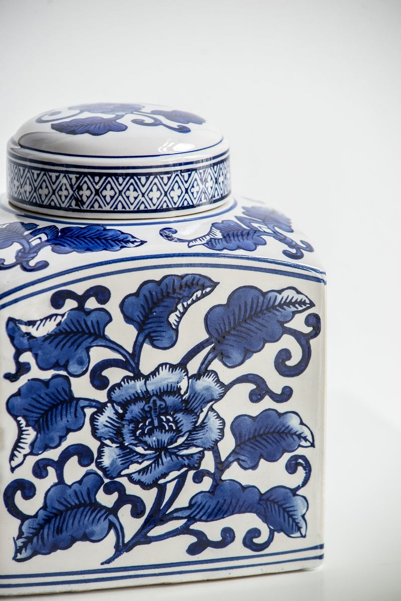 5x5x8' Hand Painted Square Canister with Blue and White Floral Pattern, photo 4 of 11