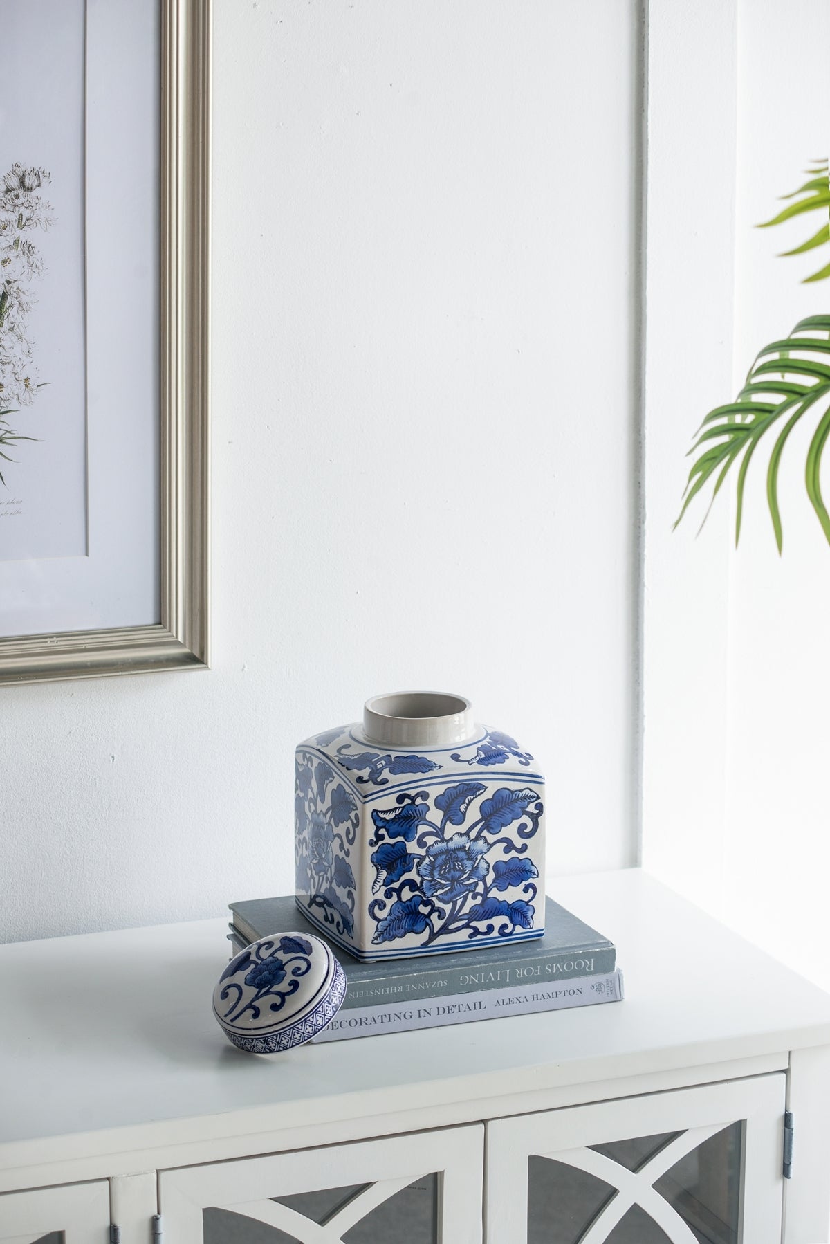 5x5x8' Hand Painted Square Canister with Blue and White Floral Pattern, photo 6 of 11