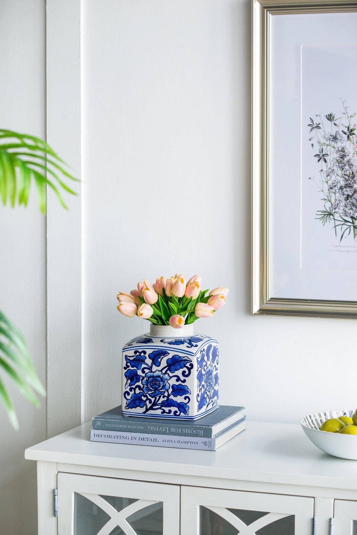 5x5x8' Hand Painted Square Canister with Blue and White Floral Pattern, photo 7 of 11