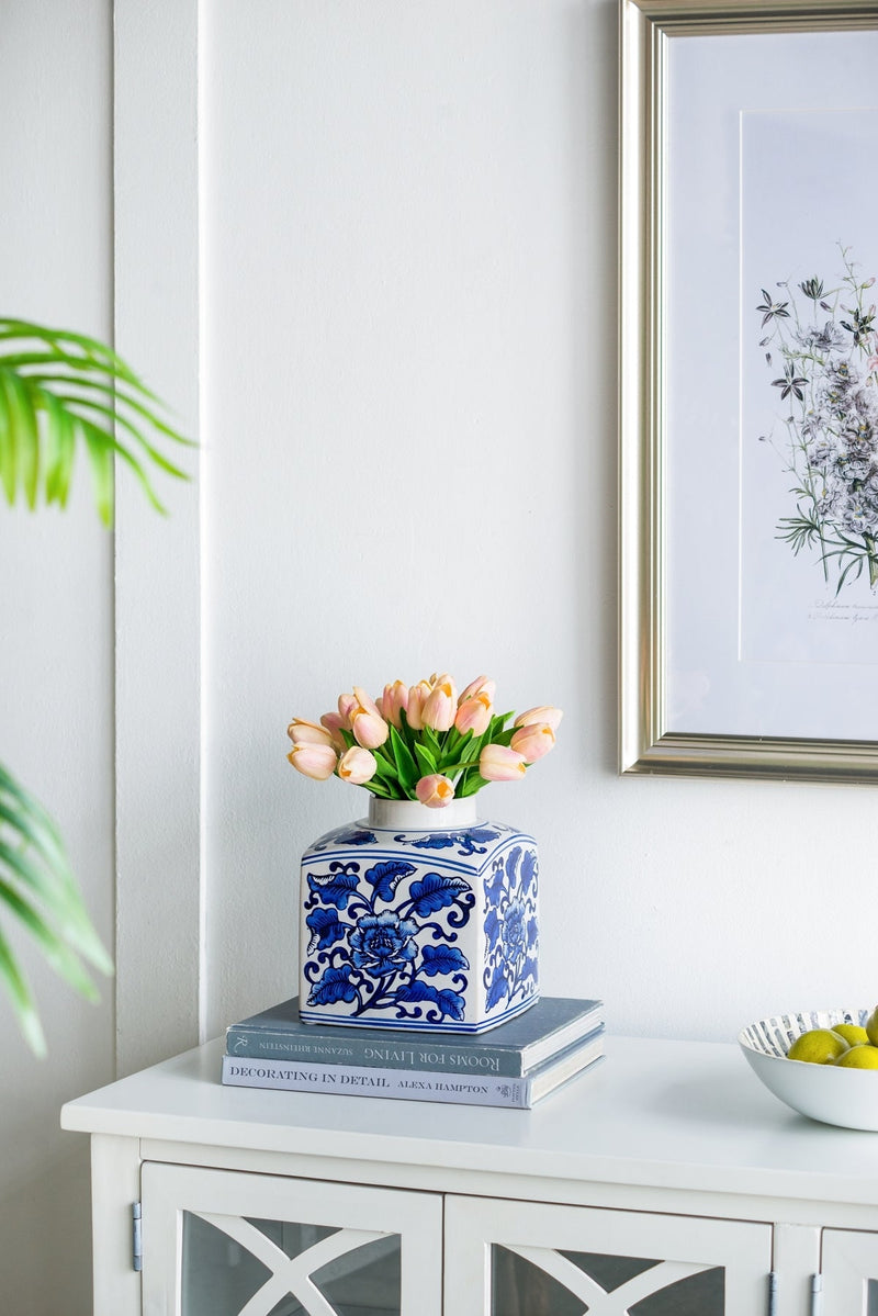 5x5x8' Hand Painted Square Canister with Blue and White Floral Pattern, photo 7 of 11