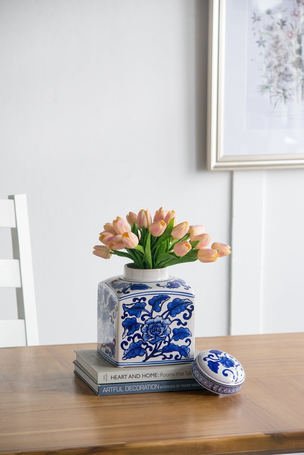 5x5x8' Hand Painted Square Canister with Blue and White Floral Pattern, photo 8 of 11