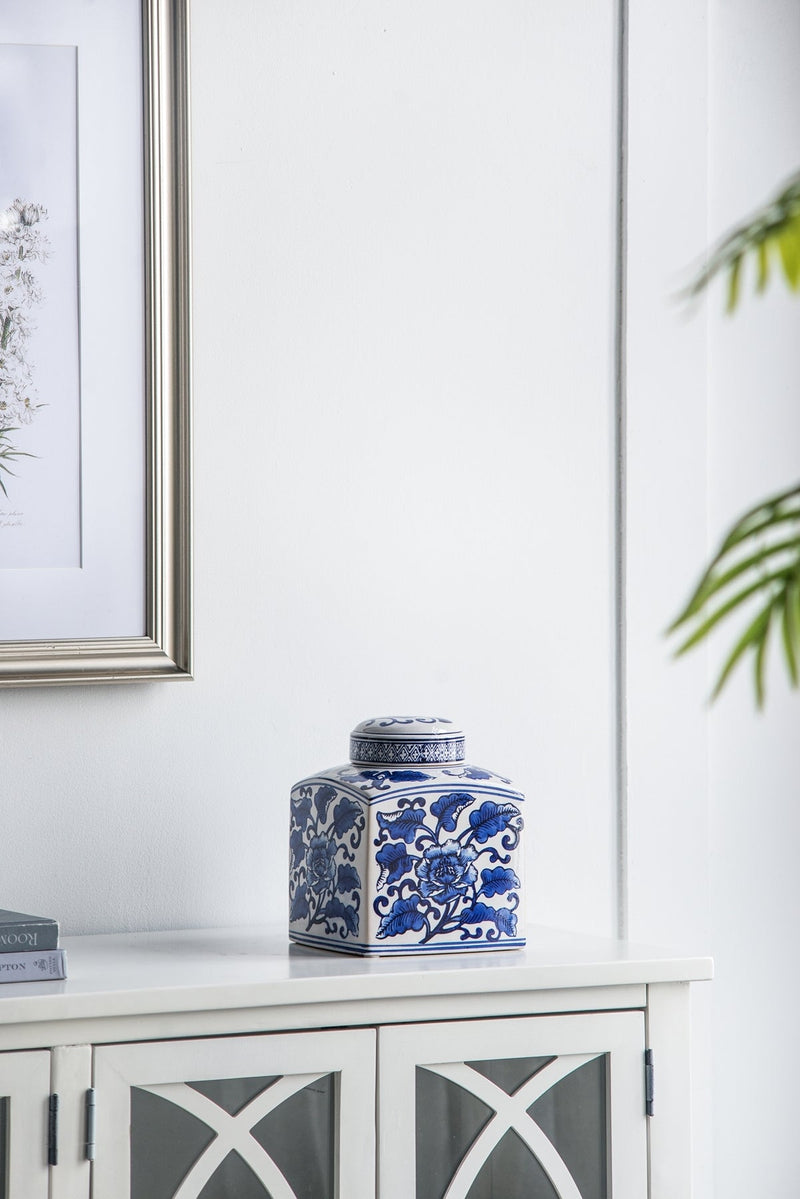 5x5x8' Hand Painted Square Canister with Blue and White Floral Pattern, photo 9 of 11
