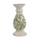 D4.7x10' White Ceramic Candle Holder with Green Floral Patterns, Small