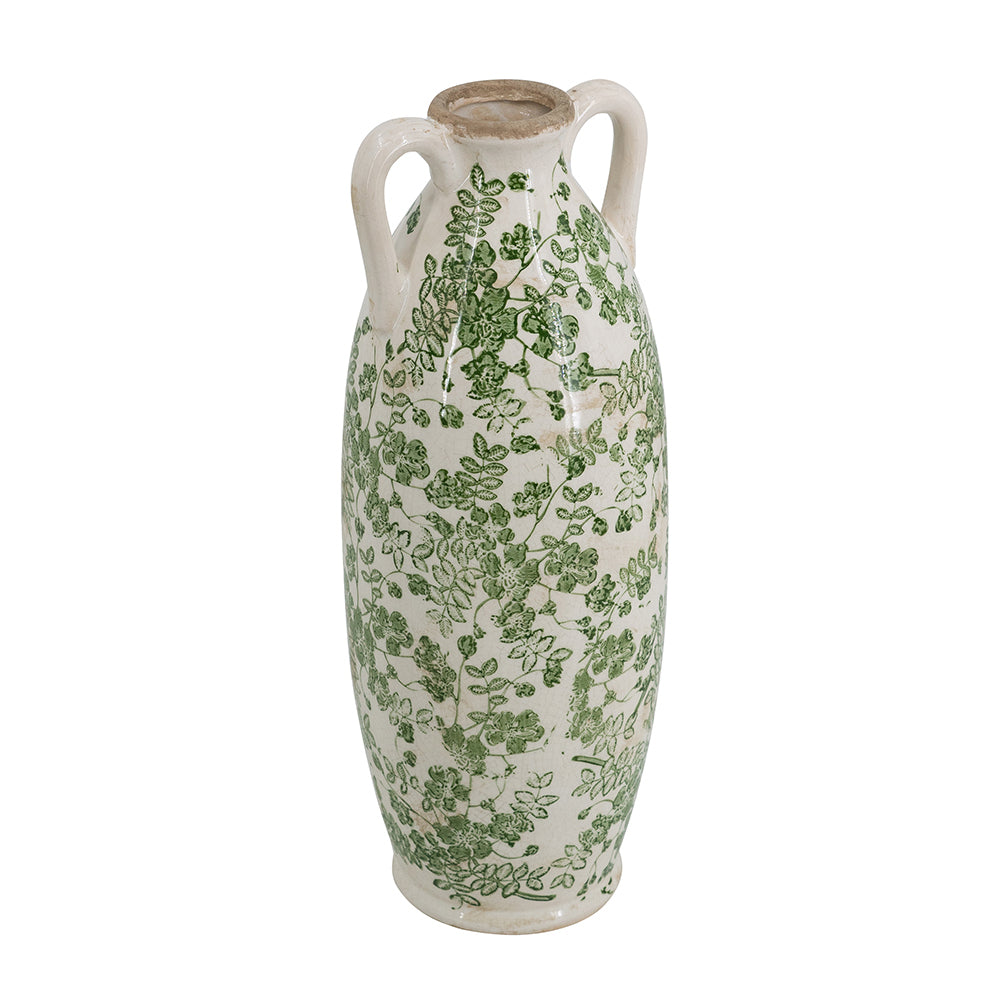 5.9x5.9x15.6' White Ceramic Flower Vase with Green Floral Pattern and Small Handles, photo 3 of 7
