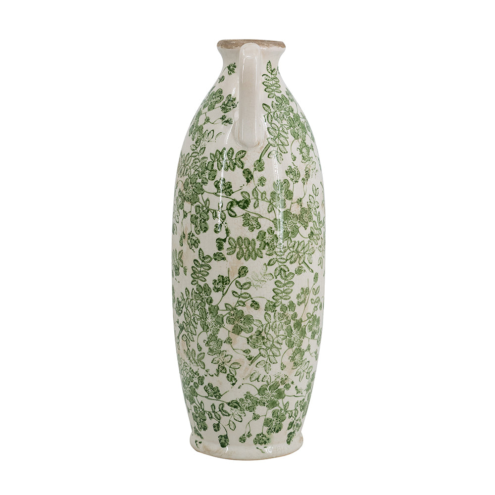 5.9x5.9x15.6' White Ceramic Flower Vase with Green Floral Pattern and Small Handles, photo 4 of 7