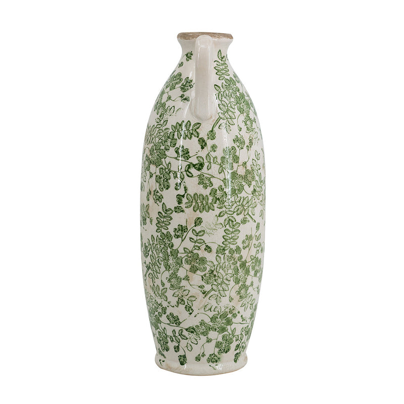 5.9x5.9x15.6' White Ceramic Flower Vase with Green Floral Pattern and Small Handles, photo 4 of 7