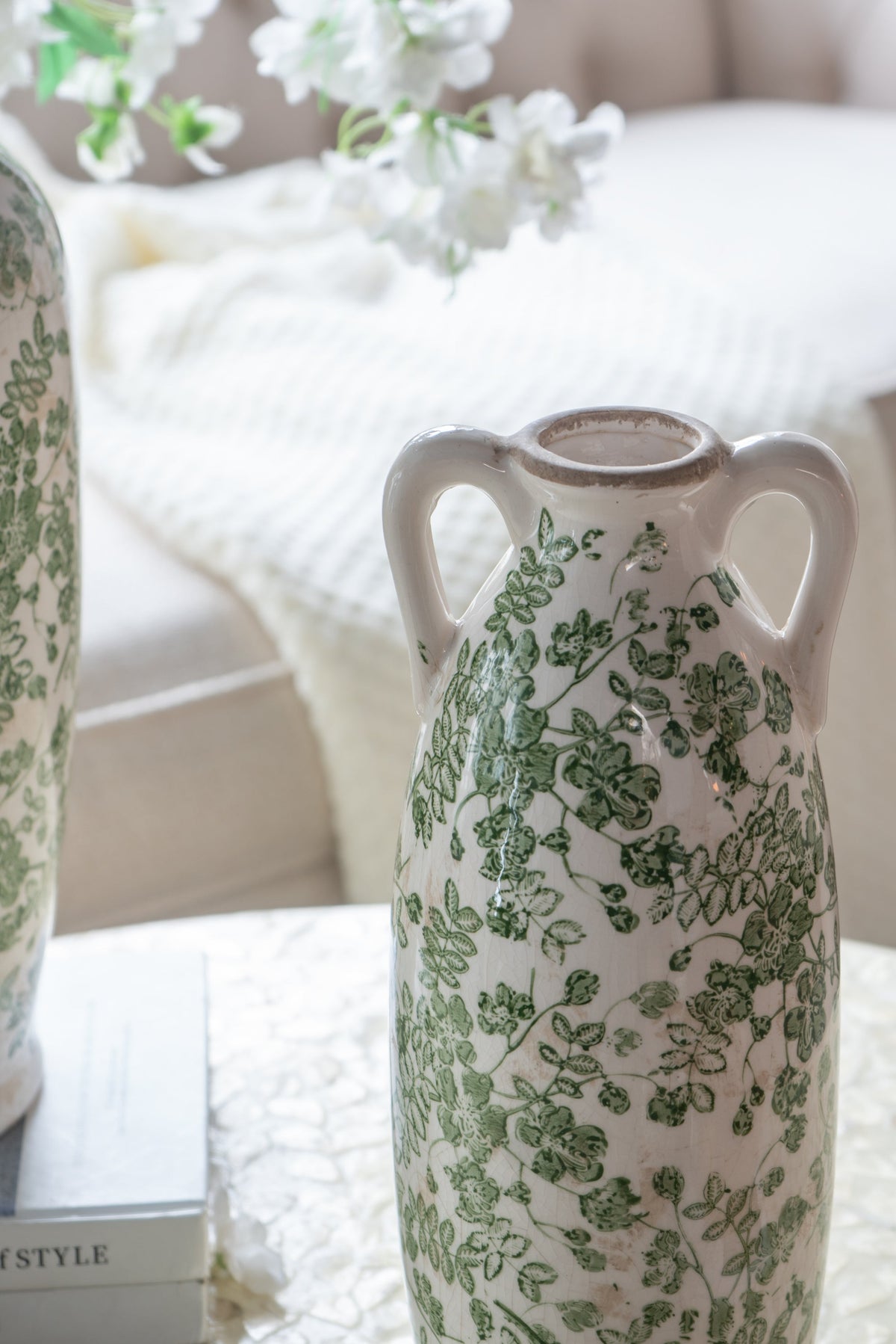 5.9x5.9x15.6' White Ceramic Flower Vase with Green Floral Pattern and Small Handles, photo 5 of 7